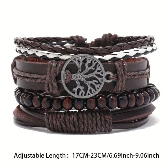 4 leather bracelets layered braided brown tree of life new d18 - Picture 3 of 3